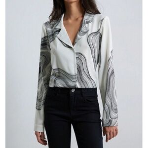 Marble Print Button Down Collared Long Sleeve Dress Shirt Top